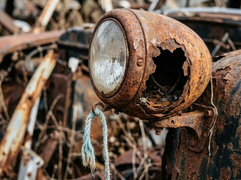 Closeup of a rusted vintage car headlight in a junkyard
