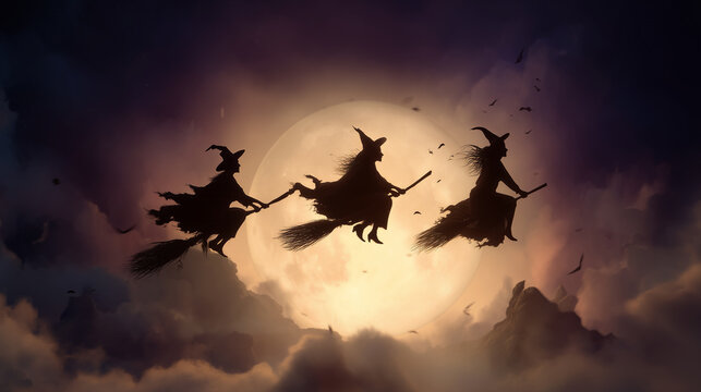 Three silhouetted witches ride broomsticks across a luminous full moon above dark clouds, with bats flying around them in a dramatic Halloween fantasy scene.