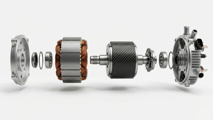 Obraz premium Exploded view of a modern electric motor showing its internal components.