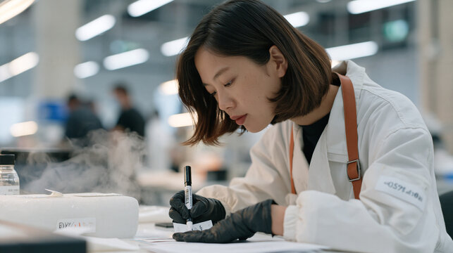 Medical supply lamplighter labeling emergency warehouse samples for overnight cold chain tracking, steam rising from a dry ice container in early morning mist, aftermath stillness
