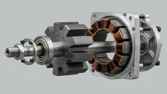 Disassembled electric motor components revealing internal rotor, stator, windings, and shaft.