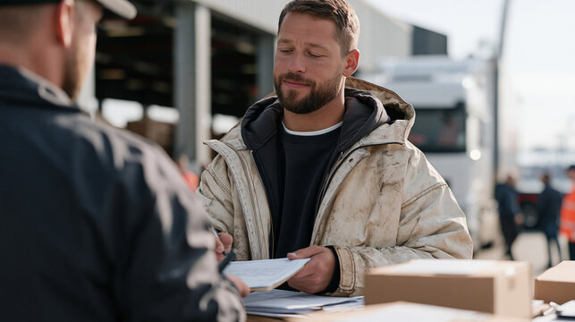 Young Scottish dock hand in weathered rain jacket receiving a signature on a delivery manifest from a truck driver at a coastal port warehouse, documentation exchange, proof of