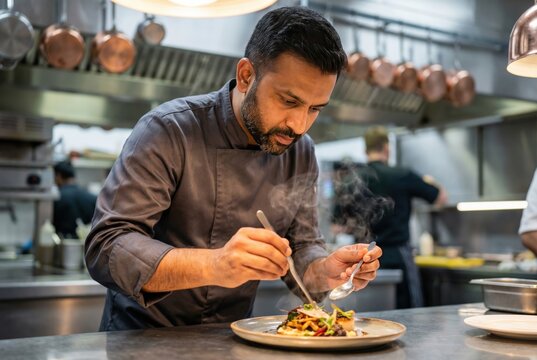 Focused Indian chef plating gourmet dish with tweezers in modern commercial kitchen restaurant setting