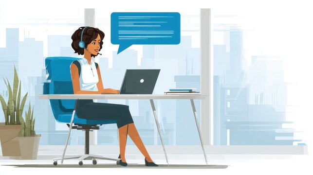 Customer service agent working with a laptop in a modern office