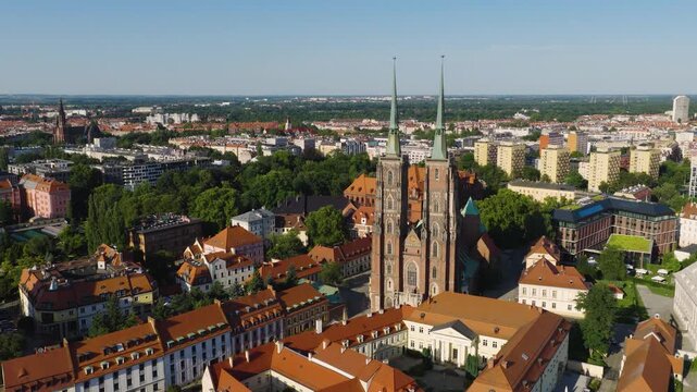 Panoramic aerial view of Cathedral Island Ostrow Tumski at Odra River with Saint John Baptist Cathedral and historic old town district in Wroclaw in Poland