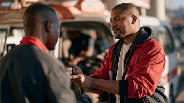 Kenyan matatu minivan driver negotiating with fuel attendant at a Nairobi urban petrol forecourt, hand-painted vehicle side visible, informal dialogue, urban East African
