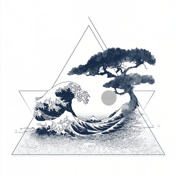 Japanese wave with pine tree and sun in geometric triangle line art