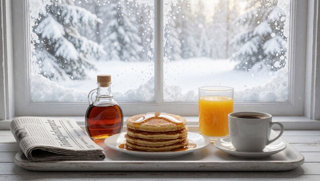 Breakfast tray windowsill stack pancakes glass orange juice cup coffee placed white wooden table newspaper lef