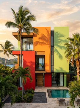Modern luxury villa facade with geometric orange green and red color blocking at sunset