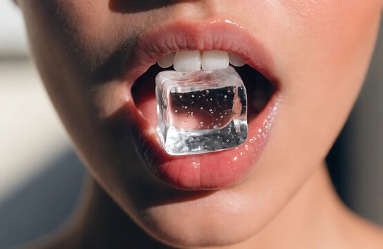 Woman holding a clear ice cube in her mouth with red lips