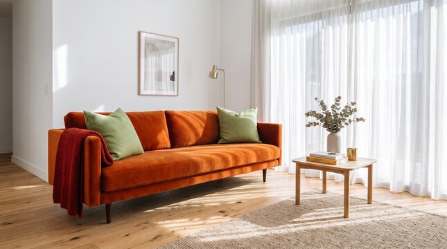 Minimalist living room featuring an orange velvet sofa with green and red accents