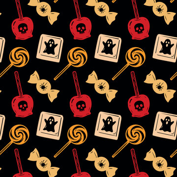 assorted candies hand-drawn halloween seamless pattern repeating, spooky carved woodcut style repeating sweet treats and dessert background design