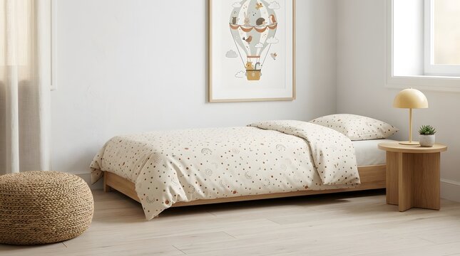 Cozy children bedroom interior featuring a single wooden bed with patterned linen bedding and a minimalist bedside lamp next to the wall.