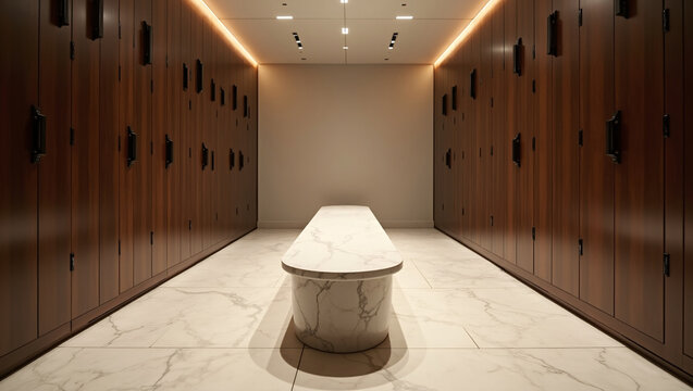 Modern locker room with neat wooden lockers on both sides, central marble bench, soft recessed ceiling lighting.