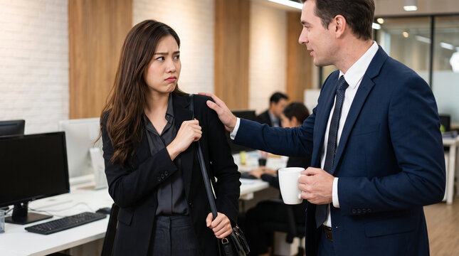 Female employee reacting with discomfort as a male manager makes unwanted advances in the workplace, illustrating sexual harassment, inappropriate behavior and workplace misconduct.