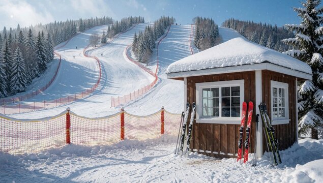 Small wooden cabin sloping roof covered snow has window door there several skis poles leaning against side gro
