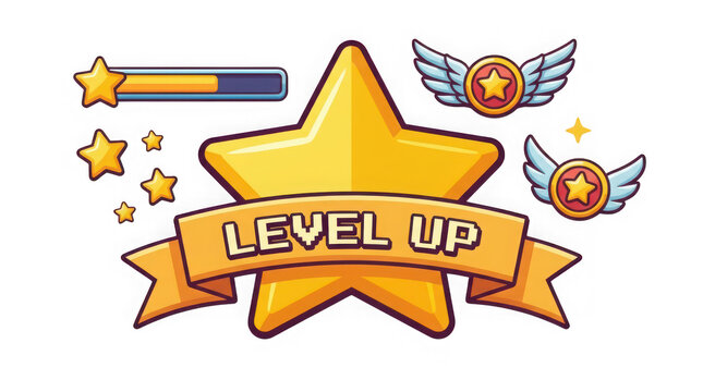 Bright level up badge with stars and achievement wings illustration transparent background