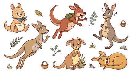 Obraz premium Cute Cartoon Kangaroos Collection in Playful Poses on White Background