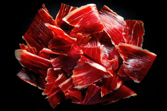 Thinly sliced Spanish Iberico ham, Jamon Iberico, cut from the foreleg of a pig, close‑up.