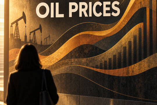 A woman views an oil prices wall display featuring pumpjack silhouettes, rising bars, and flowing golden lines, illustrating energy markets and increasing costs.