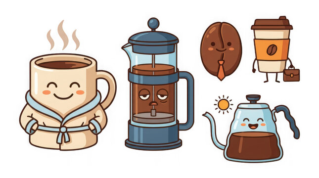 Cartoon coffee brewing tools and drinks with cheerful animated faces transparent background