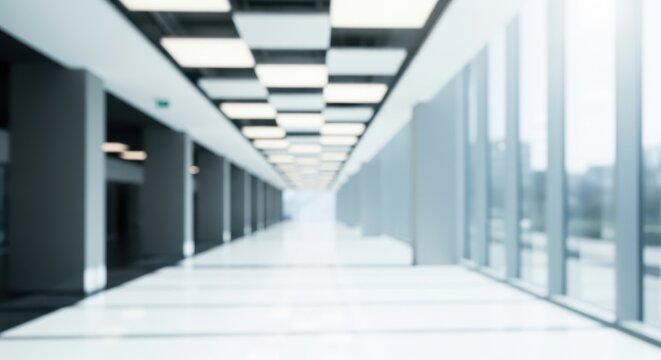 Blurred view of a long modern office corridor with glass walls and bright ceiling panel lighting