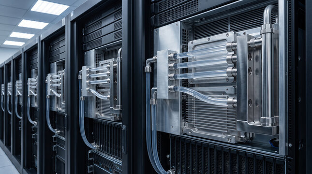 Advanced server hardware features high performance liquid cooling systems with transparent tubing and metallic components for efficient data processing operations