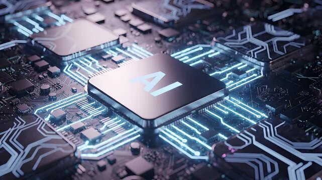 Advanced ai processor animation with glowing digital circuits, intelligent semiconductor computing and high speed data processing, futuristic chip technology and networks infrastructure
