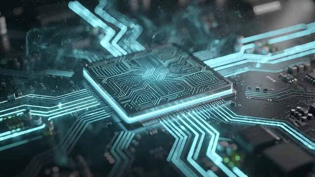 Advanced microchip processor animation with glowing digital circuitry, high speed semiconductor computing and intelligent data processing, futuristic hardware technology network concept