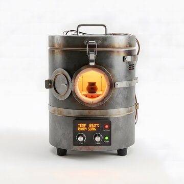 A modern electric coffee bean roaster machine with a metallic finish and a glowing circular window isolated against a clean white studio background