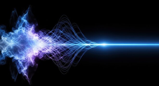 Abstract blue and purple energy wave flowing into a focused beam of light in darkness