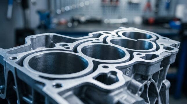 Mechanical engine cylinder block prepared for automotive repair and maintenance.