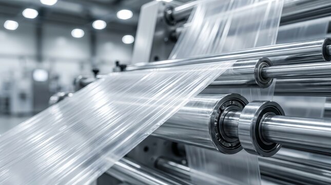 Industrial roller of a polyethylene plastic bag manufacturing machine with a product packaging concept.
