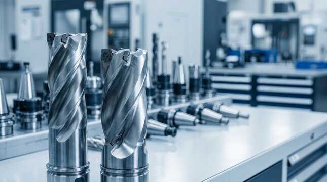 Industrial metal processing background with high precision CNC cutters and bits.