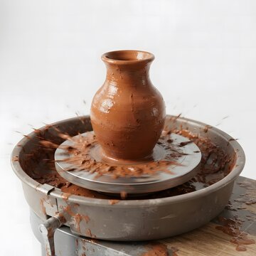 A freshly crafted clay vase sitting on a spinning pottery wheel in a creative workshop studio environment with wet mud splashes all around