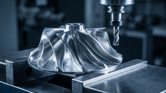 High-tech metal turbine being manufactured by a modern milling machine.