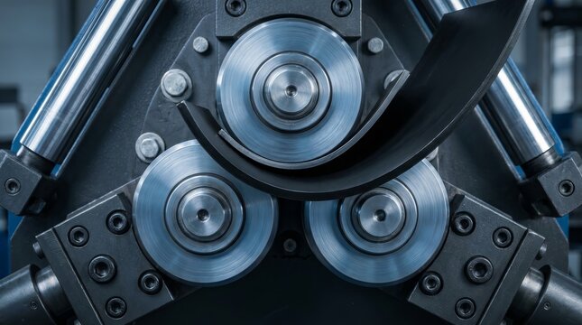 Close-up of an industrial machine designed for bending metal plates and pipes.