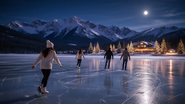 A group of friends glides across a vast frozen lake under a full moon in the snow-capped mountains at night, illuminated by warm lights from a distant lodge with pine trees nearby, creating a magical