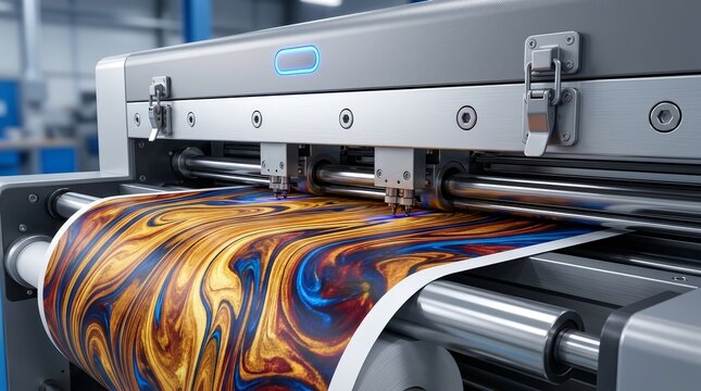 Professional printing press applying colorful ink to a continuous roll of paper.