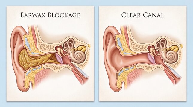 Cerumen Impaction Earwax Blockage and Clear Ear Canal Diagram
