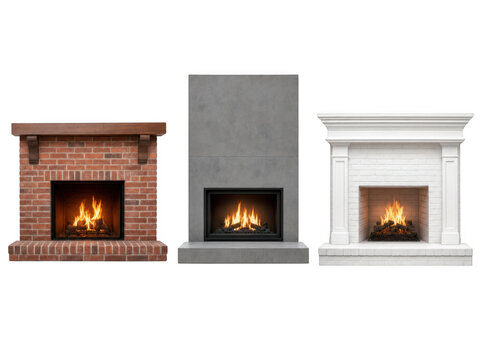 Collection of three diverse fireplace styles with burning logs as isolated on transparent background
