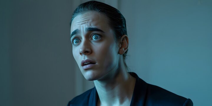 Alarmed person with a tense facial expression and an apprehensive gaze in a dramatic portrait conveying fear and unease through expressive eyes and visible tension for emotional storytelling concepts.