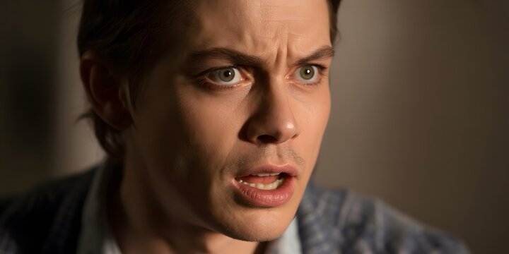 Alarmed person with a tense facial expression and an apprehensive gaze in a dramatic portrait conveying fear and unease through expressive eyes and visible tension for emotional storytelling concepts.