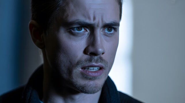 Alarmed person with a tense facial expression and an apprehensive gaze in a dramatic portrait conveying fear and unease through expressive eyes and visible tension for emotional storytelling concepts.