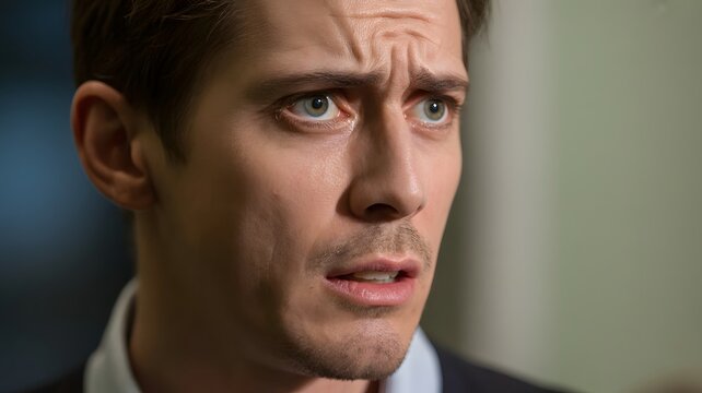 Alarmed person with a tense facial expression and an apprehensive gaze in a dramatic portrait conveying fear and unease through expressive eyes and visible tension for emotional storytelling concepts.