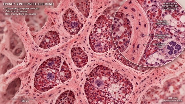 Histological section of spongy cancellous bone showing bony trabeculae plates containing osteocytes in lacunae and bone marrow spaces, with a zoomed inset detailing trabecular architecture cells