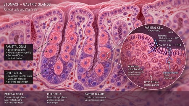 Histological section of the stomach mucosa showing gastric glands with eosinophilic parietal cells and basophilic chief cells, plus a zoomed inset demonstrating hydrochloric acid and intrinsic factor