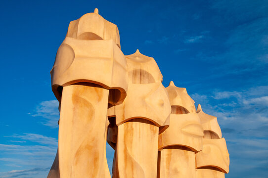Chimneys on the roof of Casa Mila or La Pedrera by Antoni Gaudi