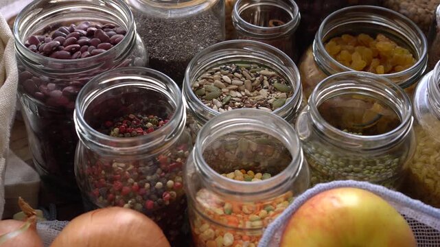 Reusable Glass Jars for Dry Foods. Eco Friendly Kitchen Food Storage. Zero waste and sustainable living