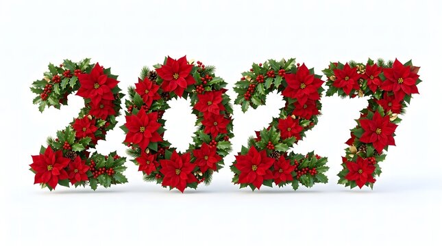 The year 2027 written with beautiful red roses and green leaves isolated on a white background for a festive floral celebration greeting card
